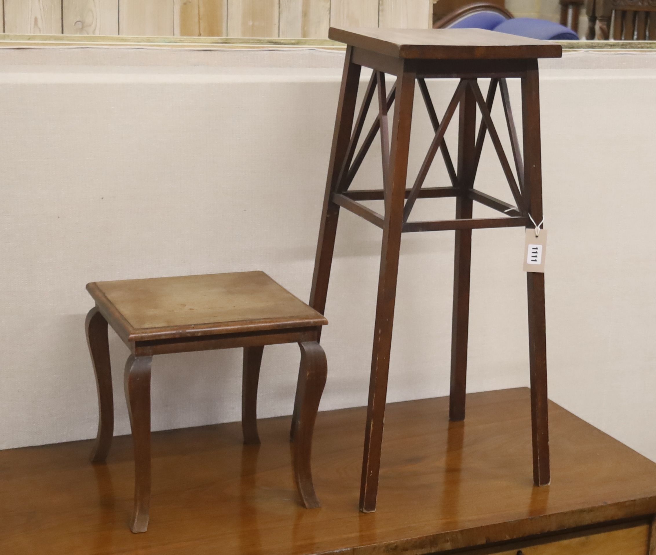 An Edwardian mahogany plant stand and a stool